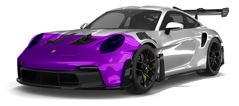 Purple-and-silver sports car with a large rear wing, shown on a white background