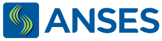 Logotipo de ANSES con texto azul y emblema abstracto verde sobre fondo blanco.