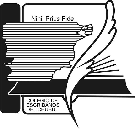 Logotipo en blanco y negro del Colegio de Escribanos del Chubut con mapa estilizado y libro abierto, texto “Nihil Prius Fide”