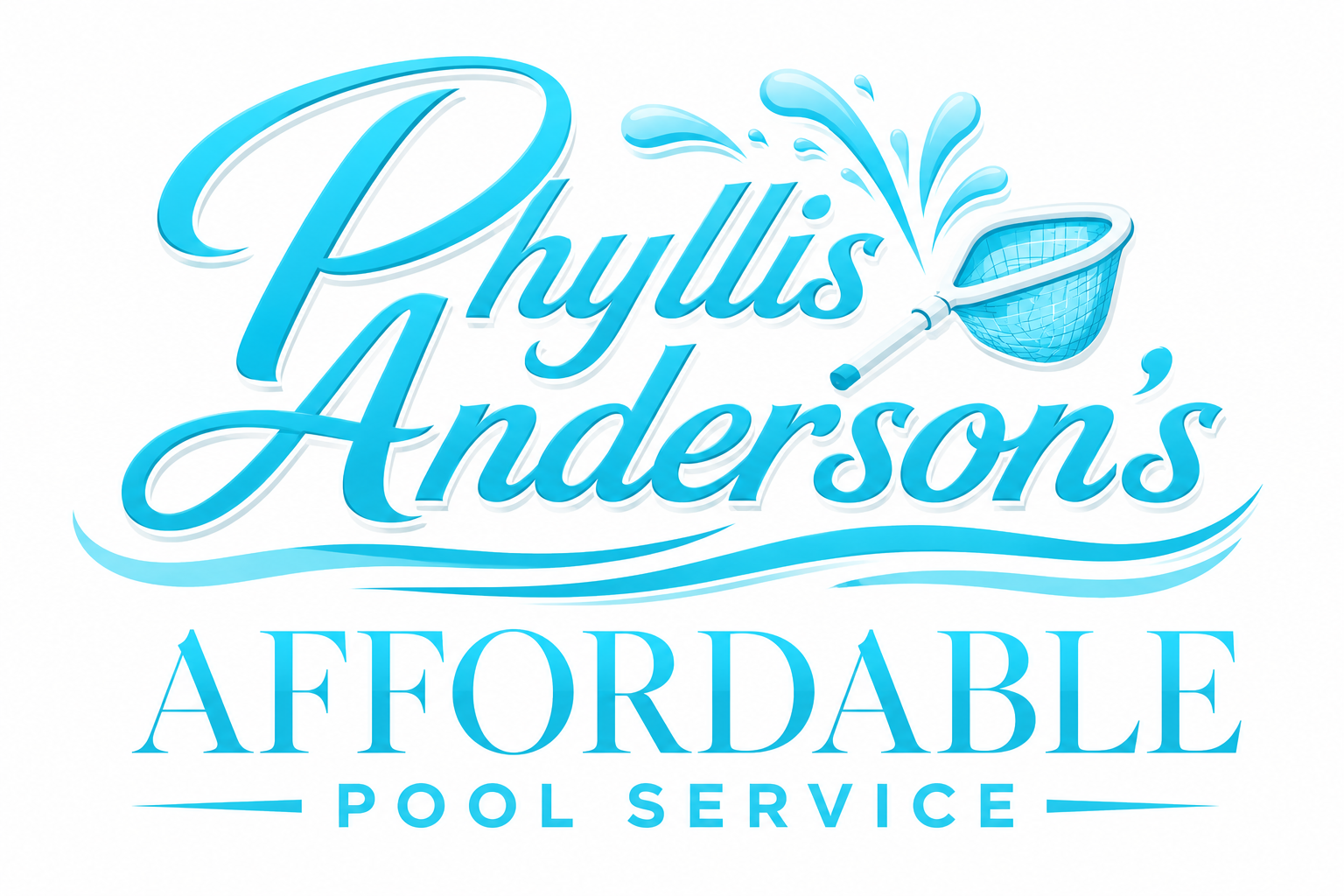 Phyllis Anderson&rsquo;s Affordable Pool Service logo in blue and aqua script with wave accents