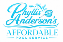 Phyllis Anderson&rsquo;s Affordable Pool Service logo in blue and aqua script with wave accents