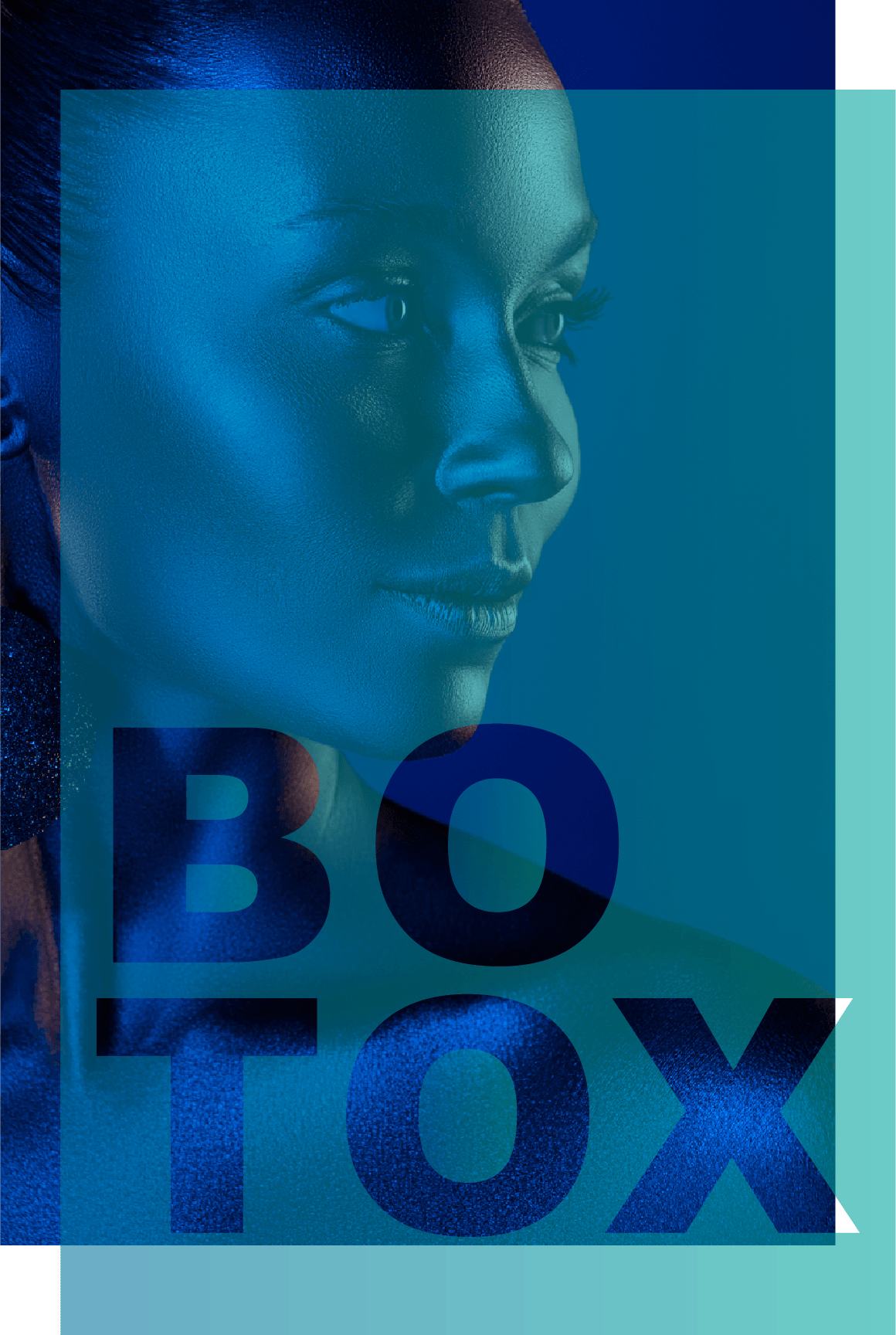Woman's face in blue light, translucent text