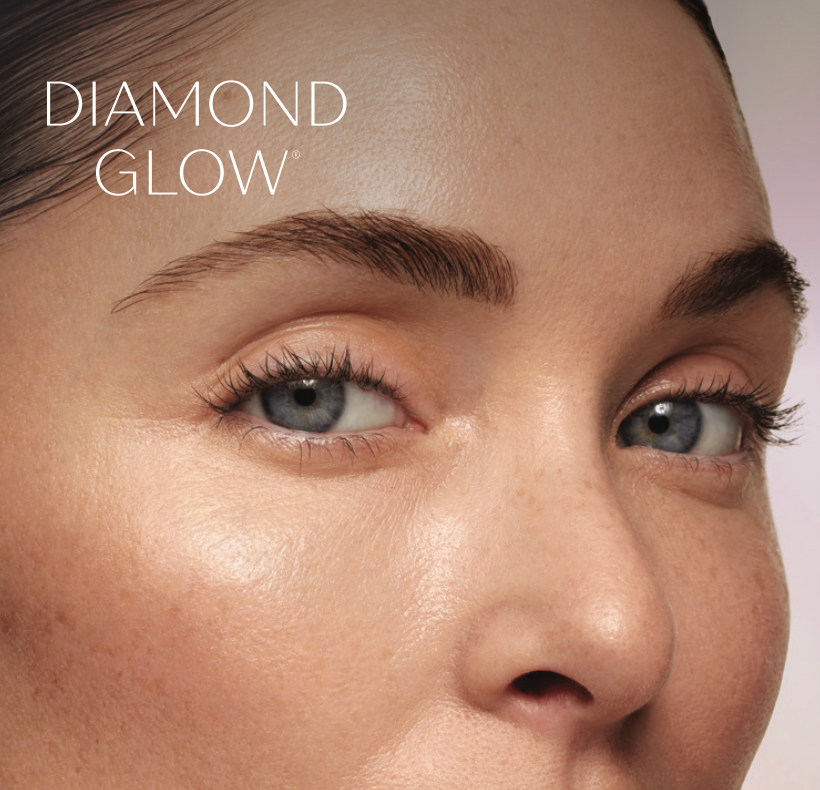 Close-up of a person's face with glowing skin, showcasing eyebrows, eyes, and nose. Text reads 