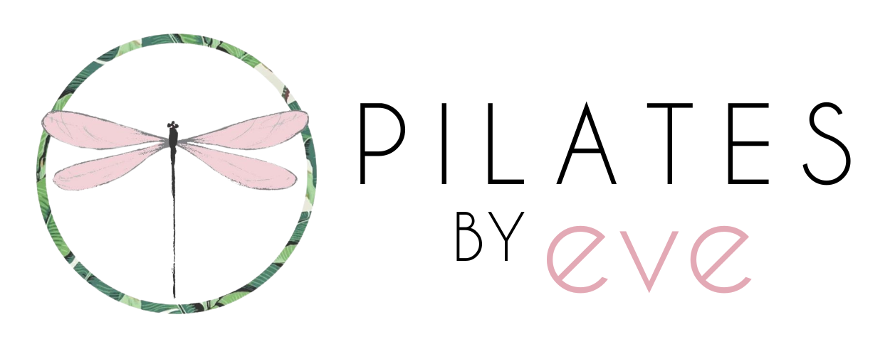 A logo for pilates by eve with a dragonfly in a circle.