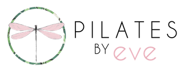 A logo for pilates by eve with a dragonfly in a circle.