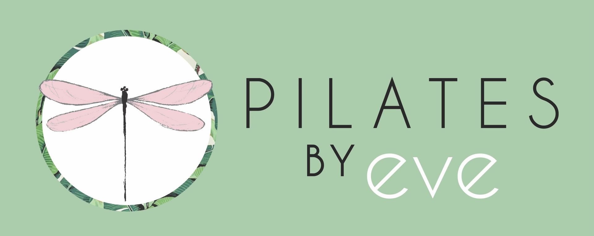 A logo for pilates by eve with a dragonfly in a circle