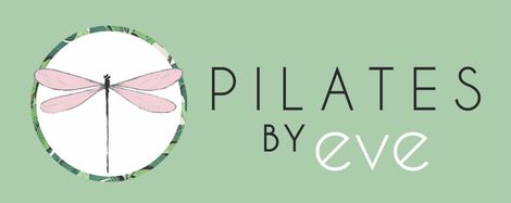 A logo for pilates by eve with a dragonfly in a circle