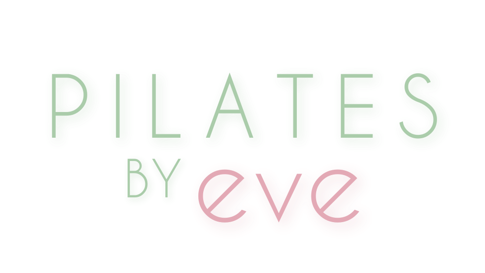 The logo for pilates by eve is green and pink.