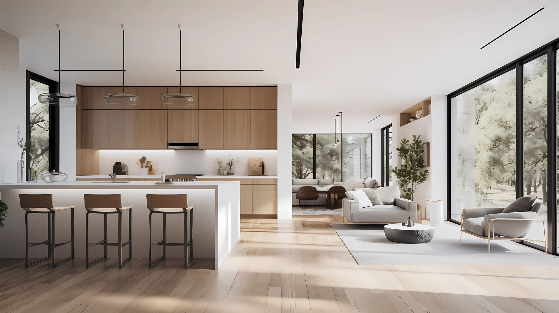 Modern open-plan kitchen and living room with wooden cabinetry, white island, large windows, and outdoor views.