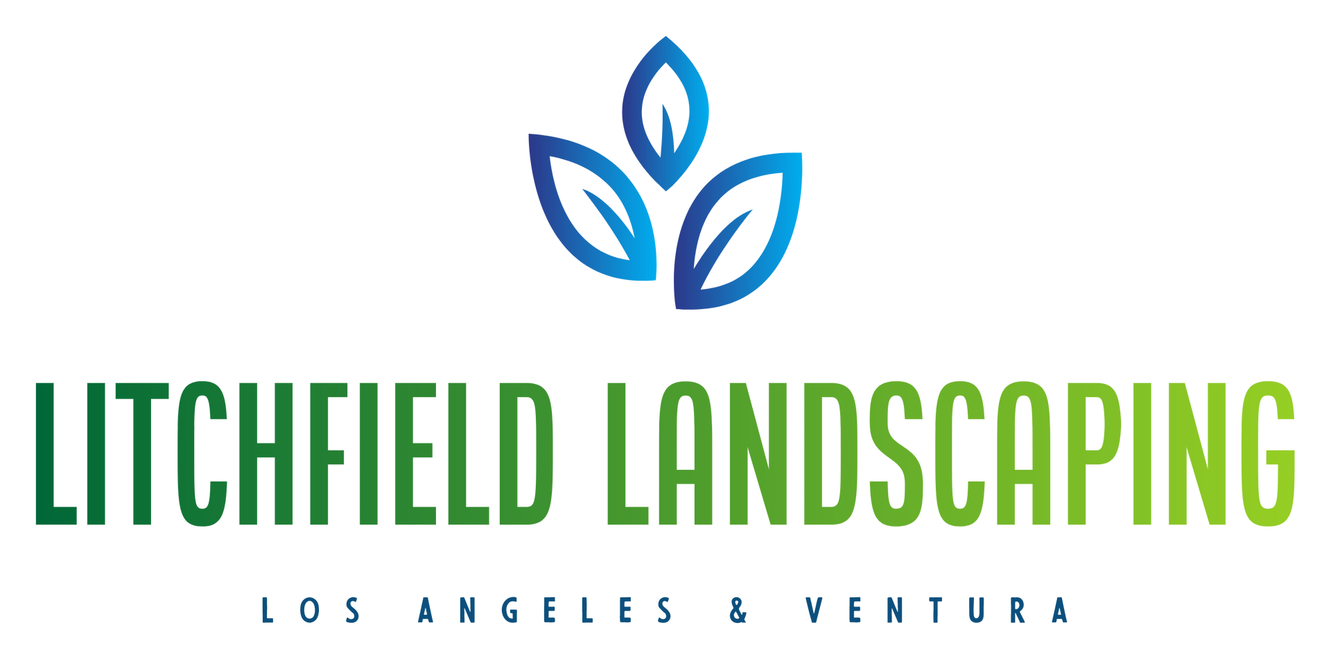 Logo for Litchfield Landscaping, with a blue leaf icon and green text reading