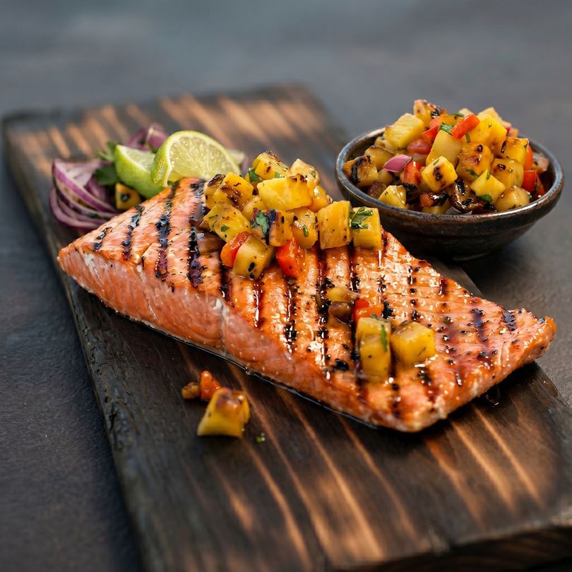 Grilled salmon fillet with mango salsa on a wooden board, garnished with lime and red onion slices