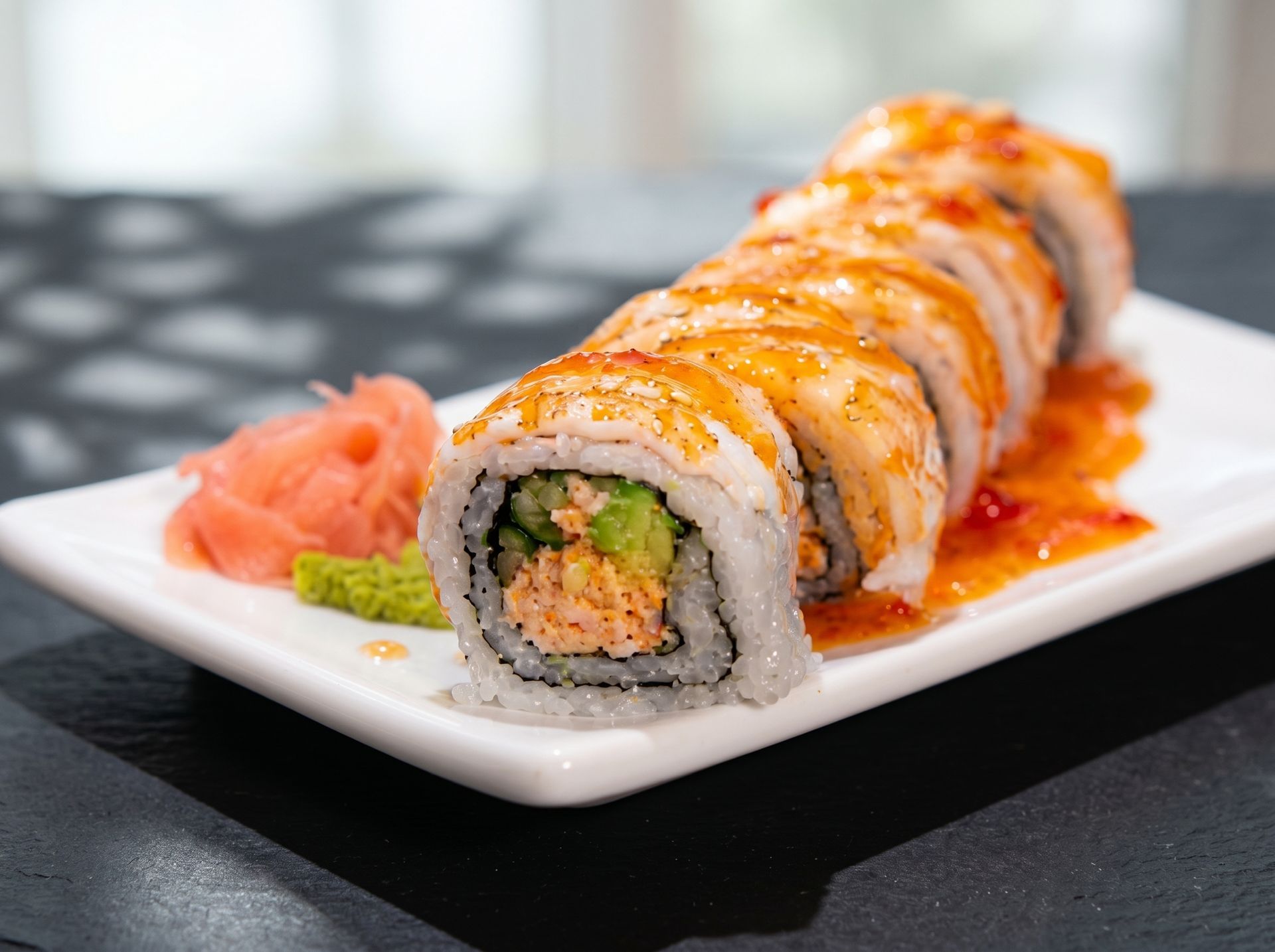 Sushi roll topped with orange sauce on a white plate, with pickled ginger and wasabi on the side