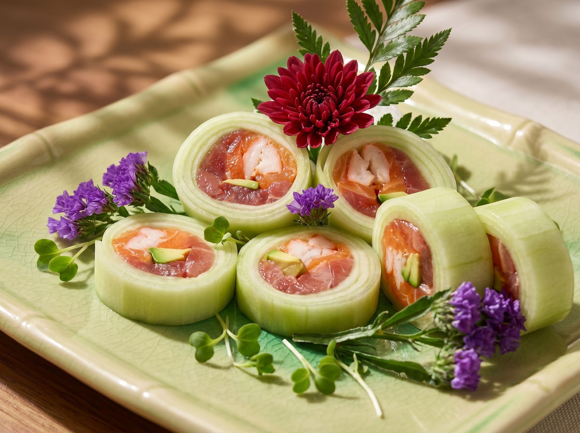 Sliced cucumber roll appetizers garnished with herbs and purple flowers on a plate
