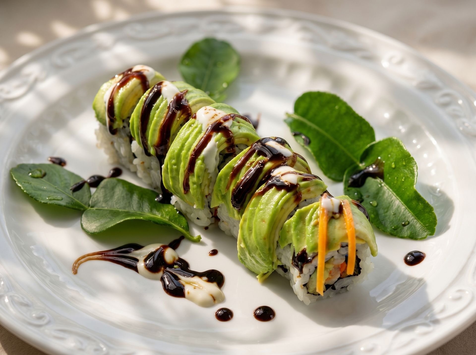 Green dessert roll on white plate with chocolate drizzle and mint leaves