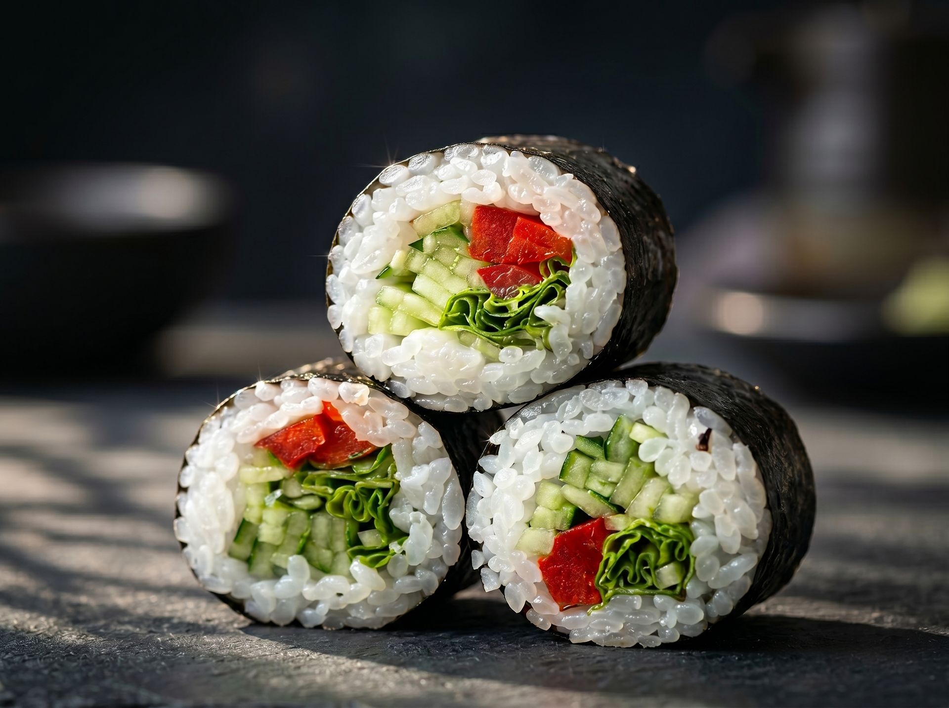 Three cucumber and red pepper sushi rolls stacked on a dark surface