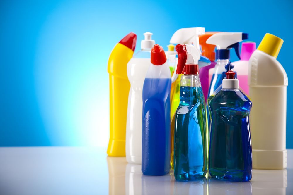 Assorted Colorful Cleaning Spray Bottles And Detergent Containers — RWM Cleaning in Deception Bay, QLD