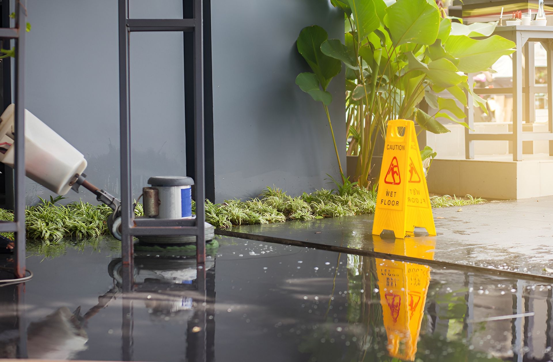 Yellow Caution Sign on Wet, Reflective Floor — RWM Cleaning in Deception Bay, QLD