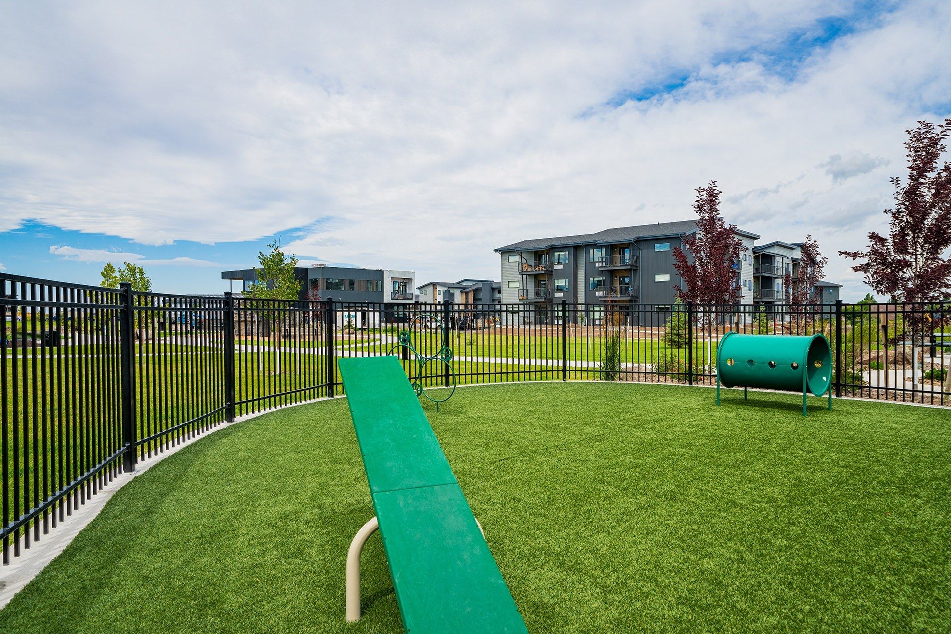 19th and Graf  Apartments 19th and Graf  Apartments Fenced dog park with artificial turf, a seesaw, and a tunnel; apartment buildings in the background under a cloudy sky.