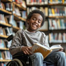 Smiling child in a wheelchair reading a book in a library aisle