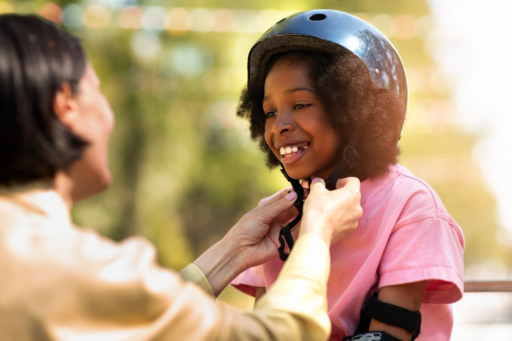 Adult fastening a child’s helmet outdoors, with the child smiling in a pink shirt.