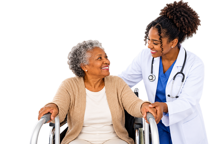 Smiling patient in a wheelchair with a doctor in a white coat speaking beside her