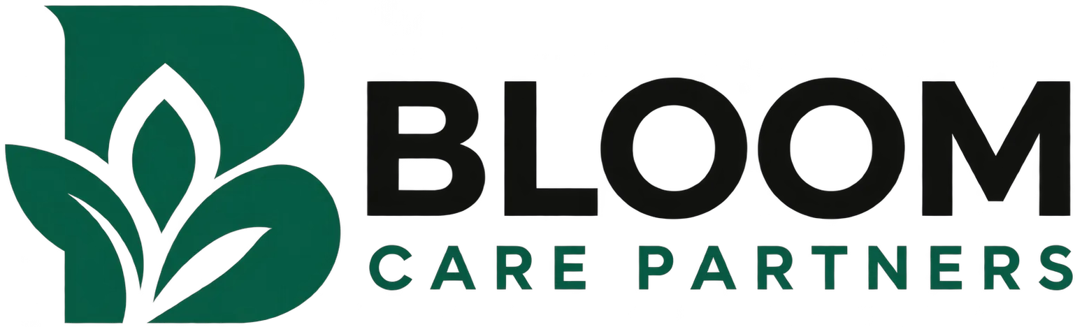 Bloom Care Partners logo with green leaf icon and black text on a white background