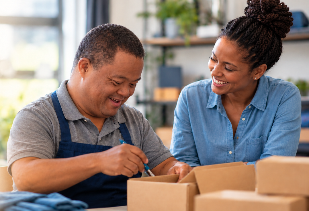 Two people smiling and assembling items in cardboard boxes at a table