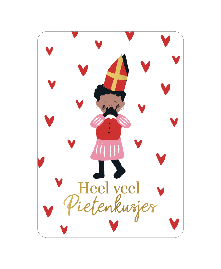 Witte sinterklaaskaart Heel veel Pietenkusjes met rode hartjes en goudfolie