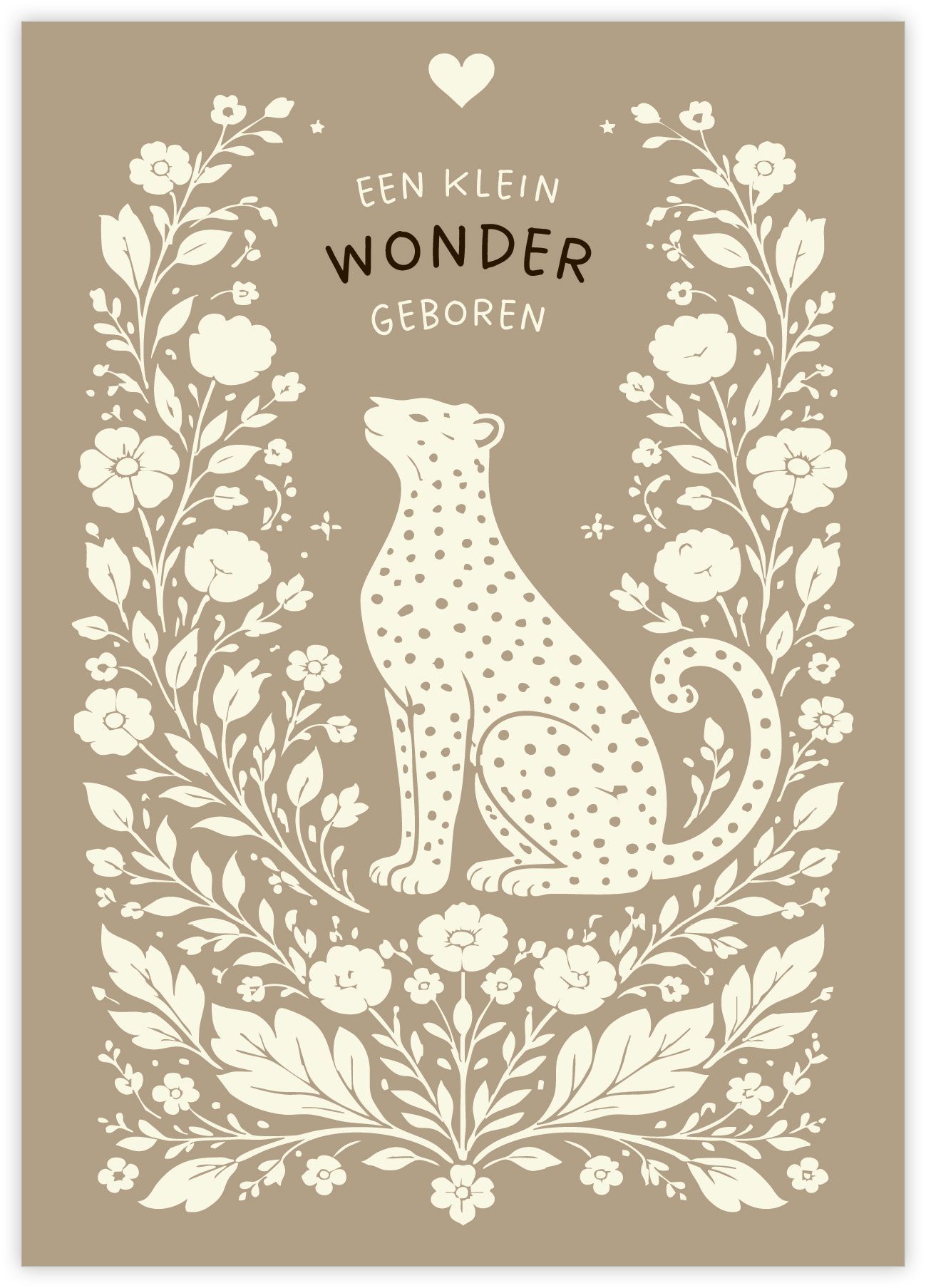 Kaart Een klein wonder geboren met witte panter en bloemen op een taupekleurige achtergrond