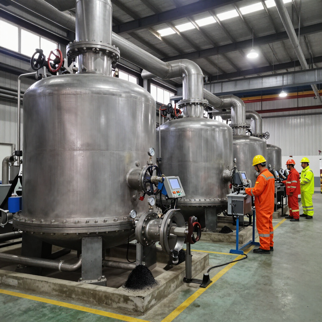 Industrial stainless steel tanks in a factory, with workers in orange safety gear inspecting equipment.