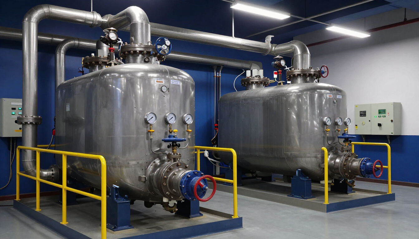 Two large stainless steel industrial tanks in a clean factory room, with pipes and yellow safety railings