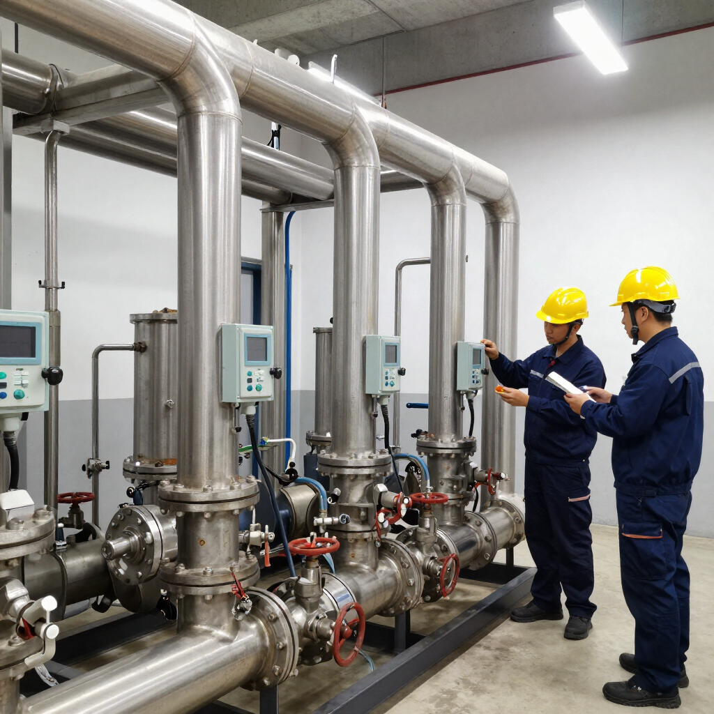 Two workers in hard hats inspect industrial pipes and valves in a mechanical room.