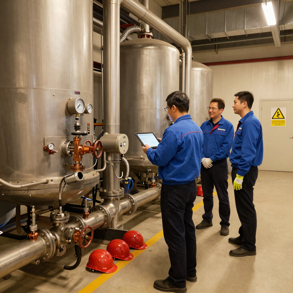 Three workers in blue uniforms inspect industrial tanks and pipes in a factory, one using a tablet.