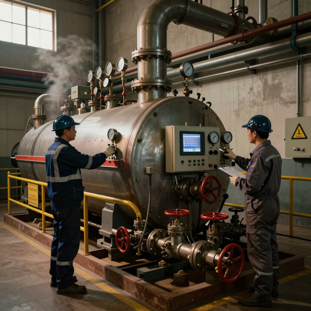 Two workers inspect a large industrial boiler with gauges, pipes, and steam in a factory room.