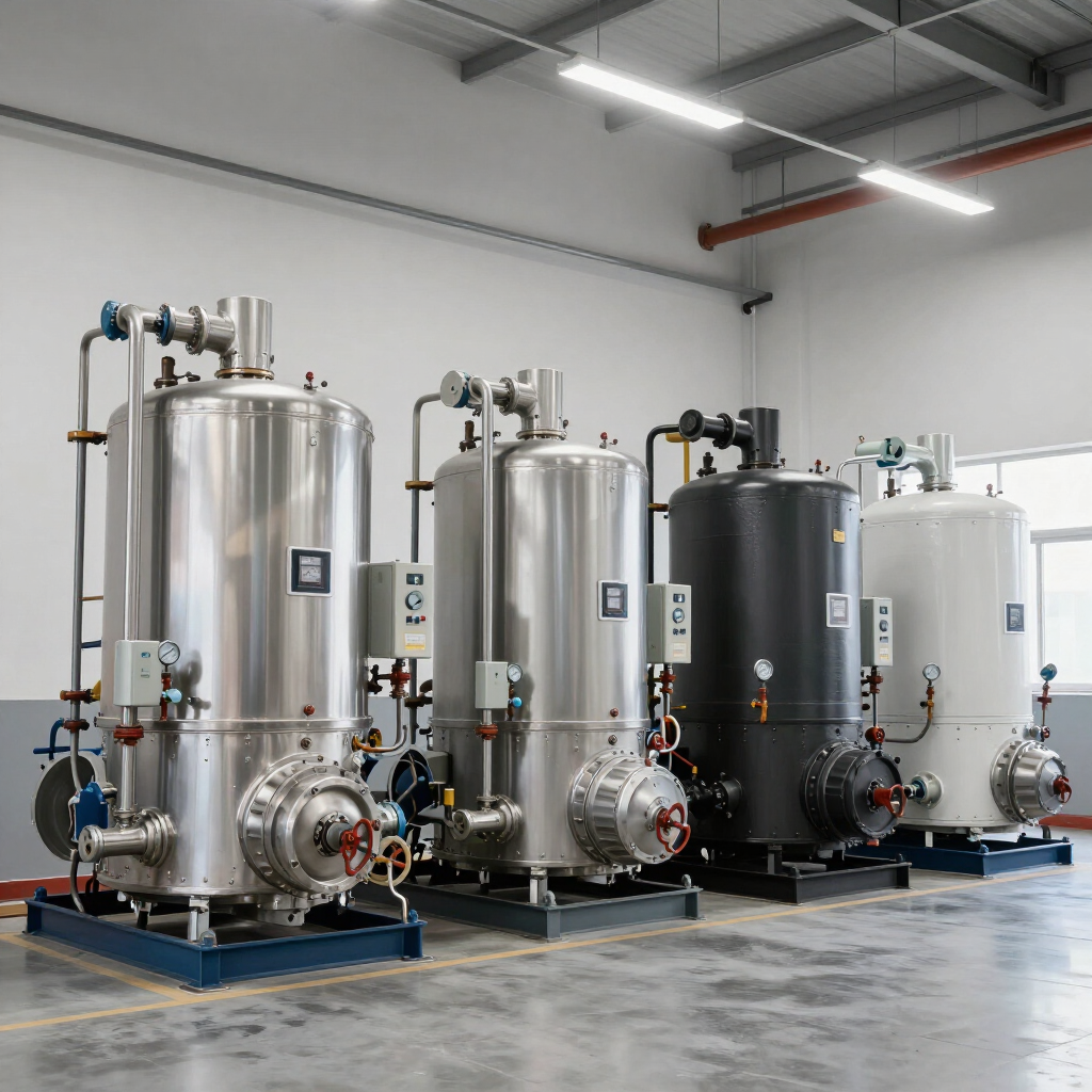 Row of large industrial stainless steel tanks in a clean factory room