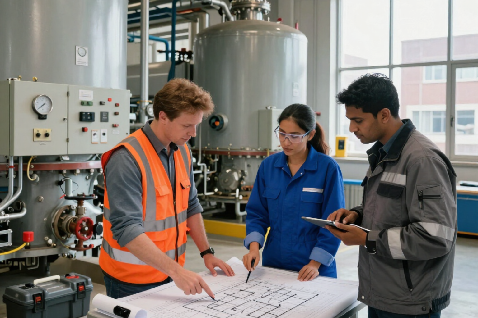 Three workers review a blueprint in an industrial plant with large tanks and pipes.