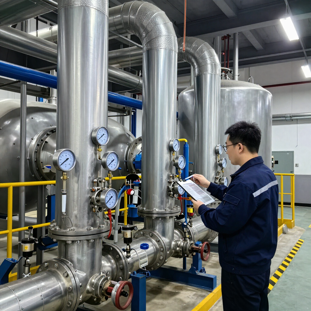 Technician inspecting gauges on industrial piping and machinery in a factory plant
