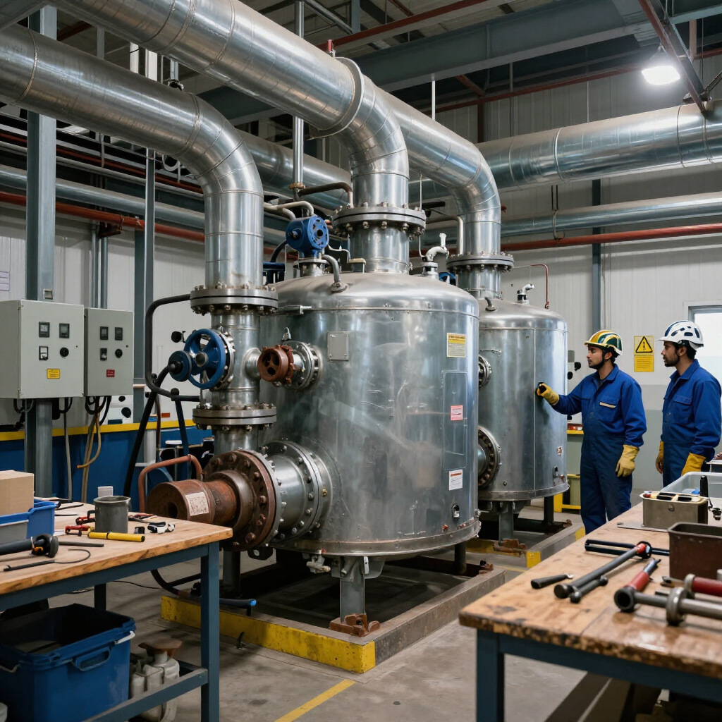 Technicians inspecting a large stainless-steel industrial tank in a factory with overhead piping and workbenches