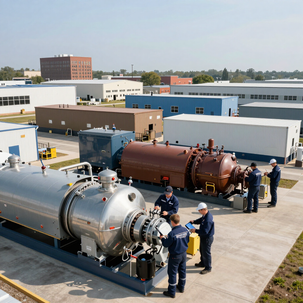 Workers inspect large industrial tanks on a factory rooftop under a clear sky.