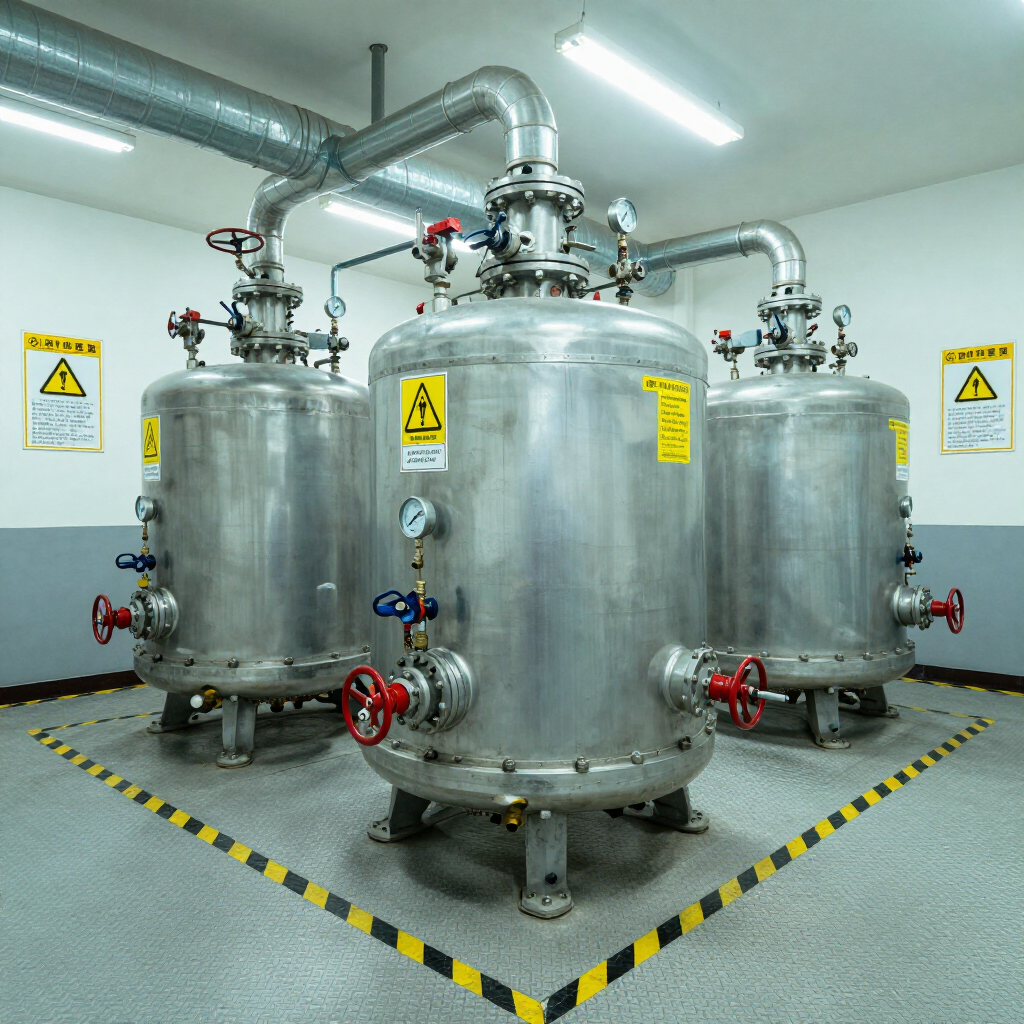 Industrial stainless steel tanks and piping in a clean utility room, with yellow hazard signs and floor markings