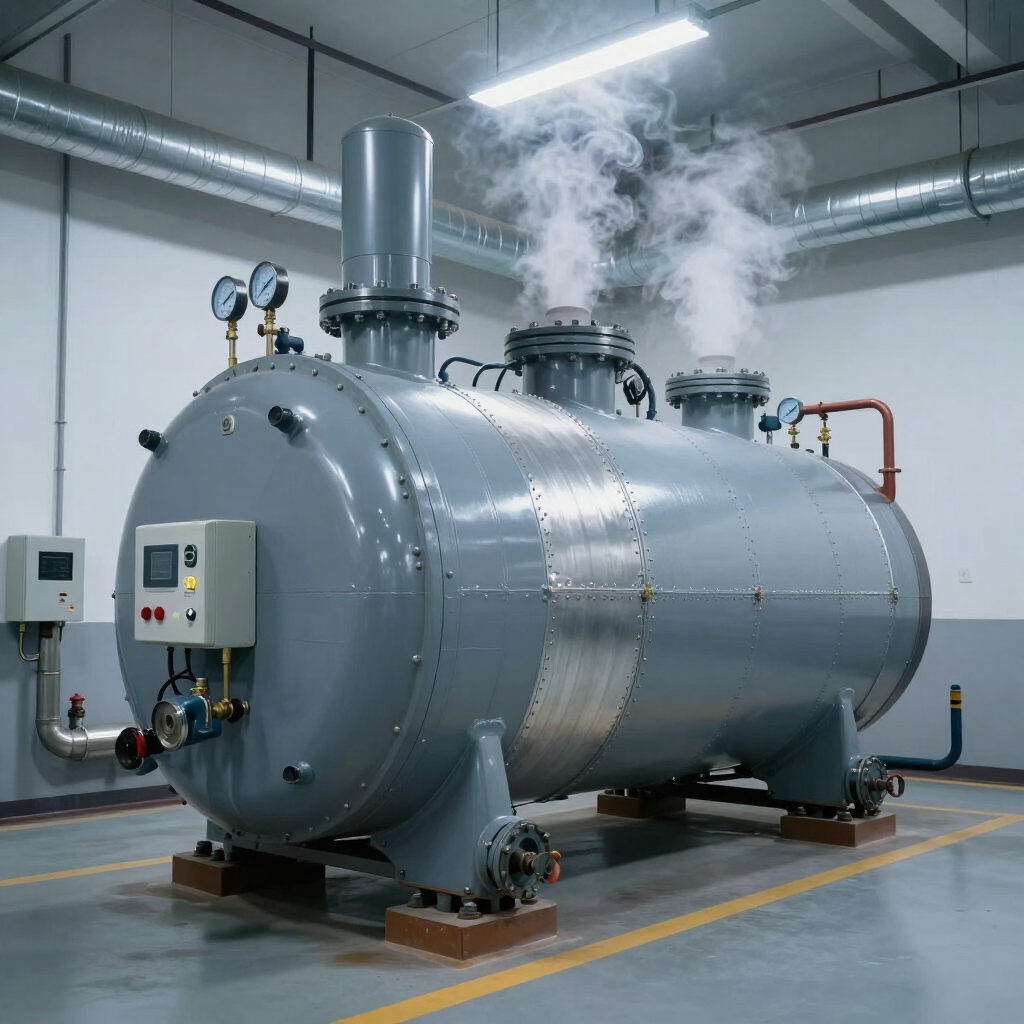 Large gray industrial pressure vessel with gauges and steam in a factory room