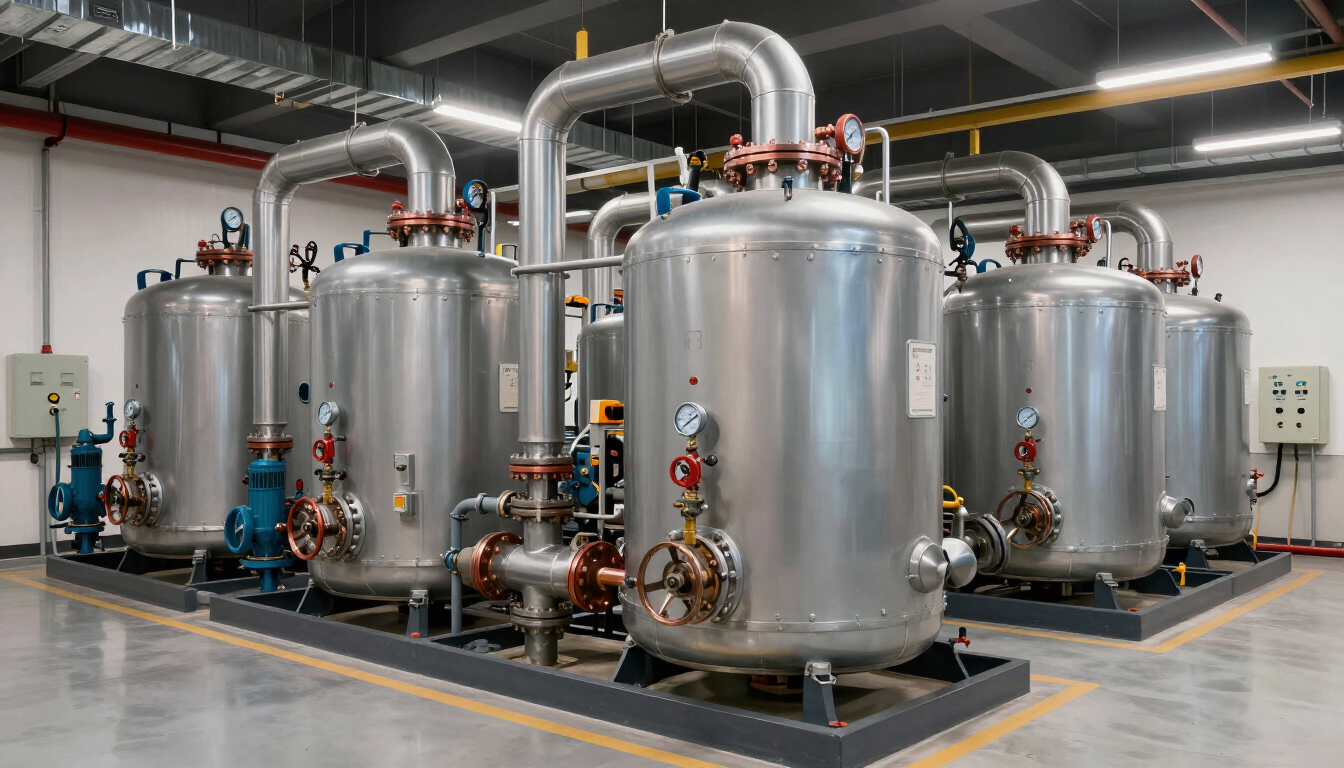 Industrial stainless steel tanks and pipes in a clean factory room