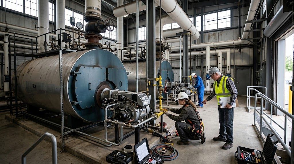 Workers inspect industrial boiler system in a factory, with tools and equipment on the floor.