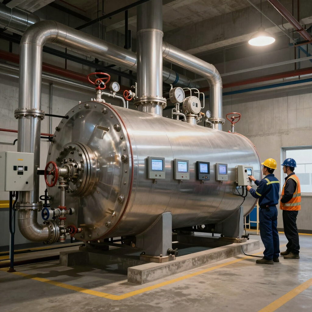 Workers inspecting a large stainless-steel industrial tank with gauges in a factory.