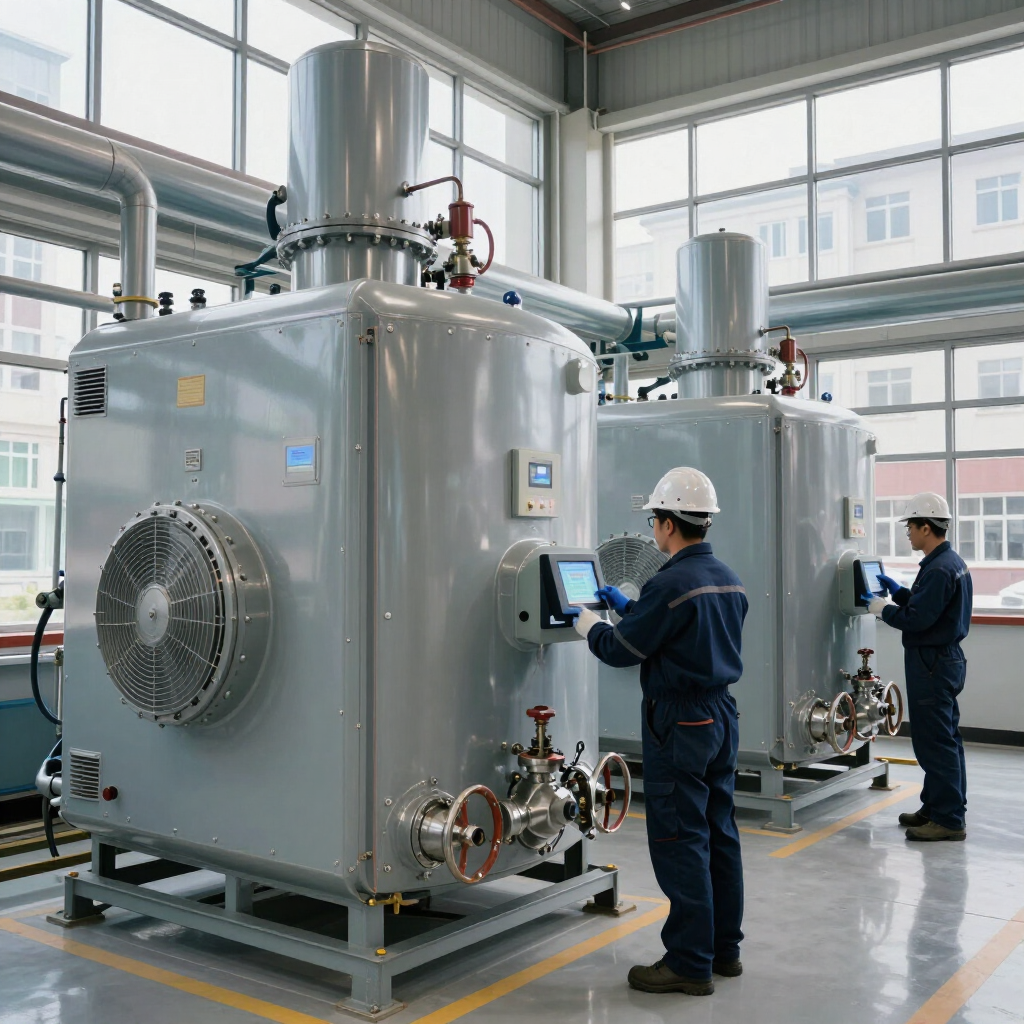 Technicians inspecting large industrial machinery in a bright factory workshop