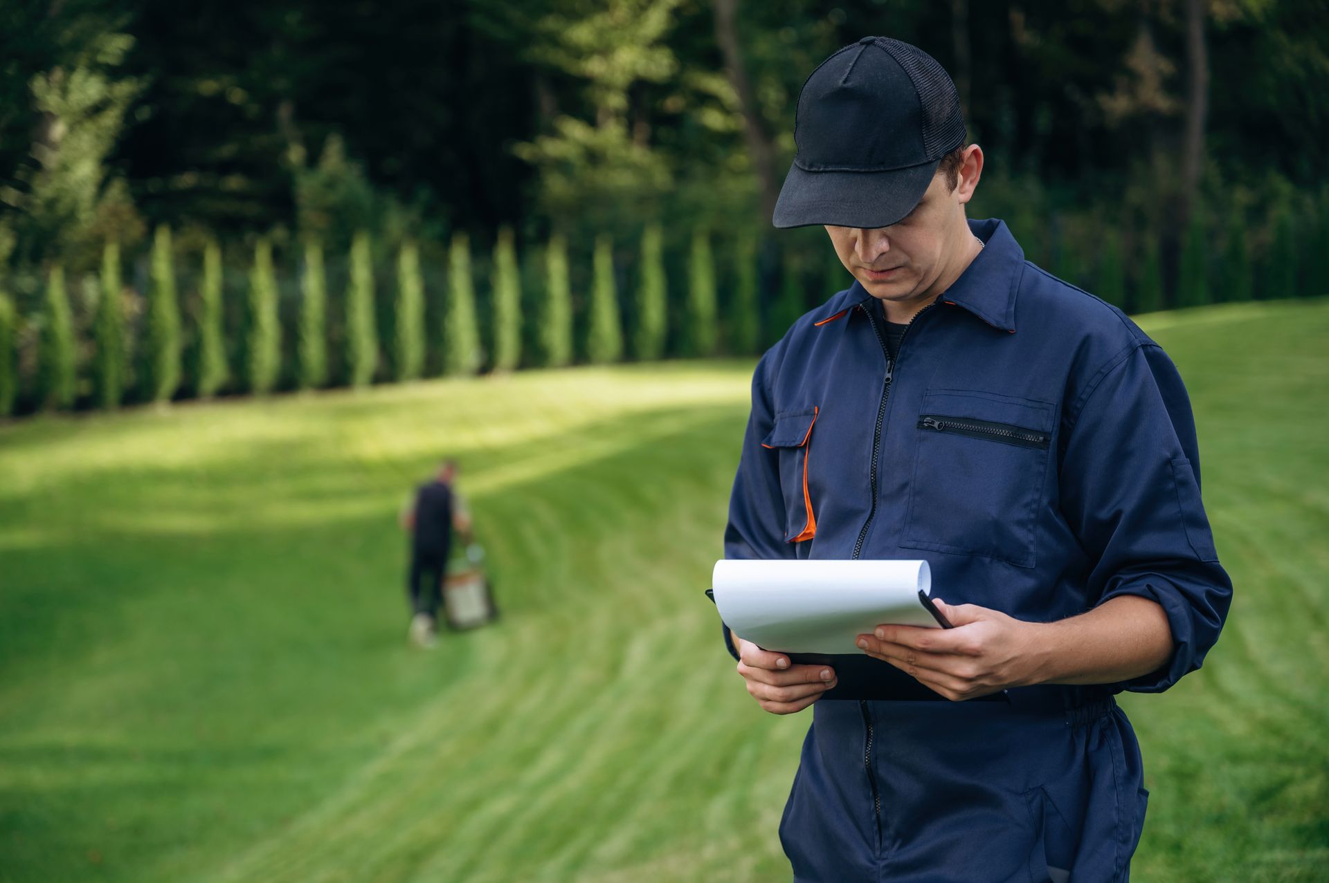 Lawn care professional reviewing turf conditions and treatment options