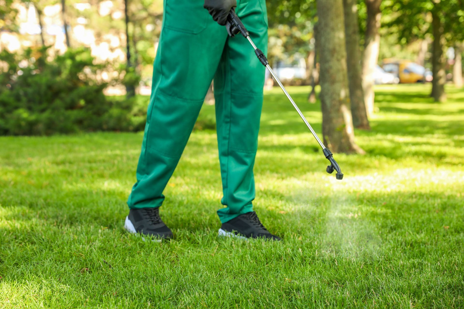 Lawn care professional applying weed control treatment to a green lawn
