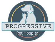 Progressive Pet Hospital logo with a blue dog icon in a circular navy and gold emblem