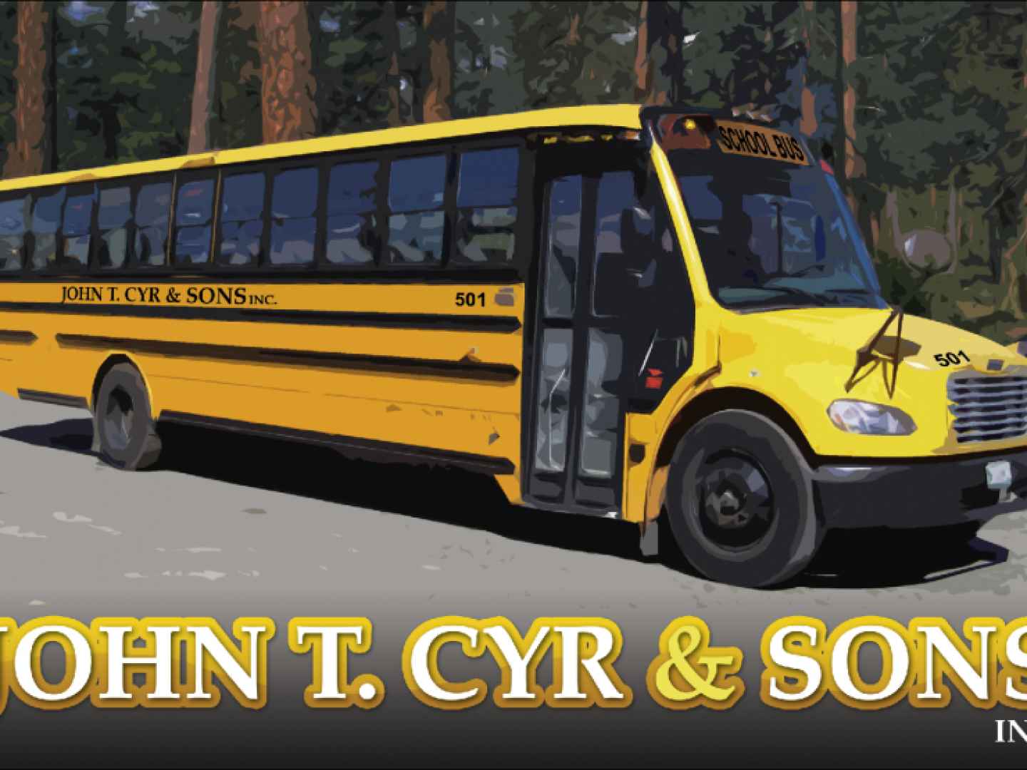 Yellow and black John T. Cyr & Sons bus on a road, with company name visible on the side.