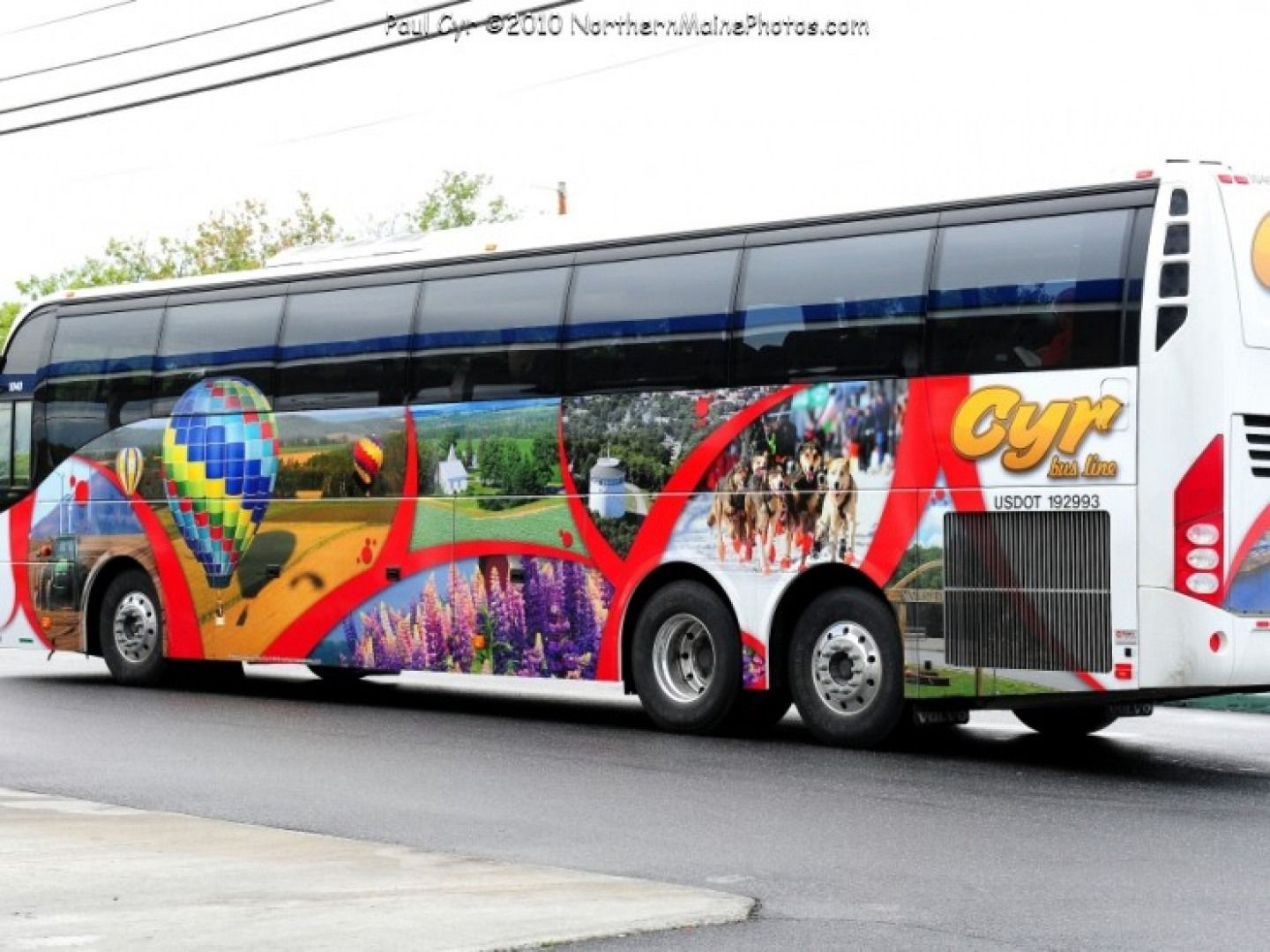 Colorful double-decker bus with red, yellow, and purple graphics on a city street